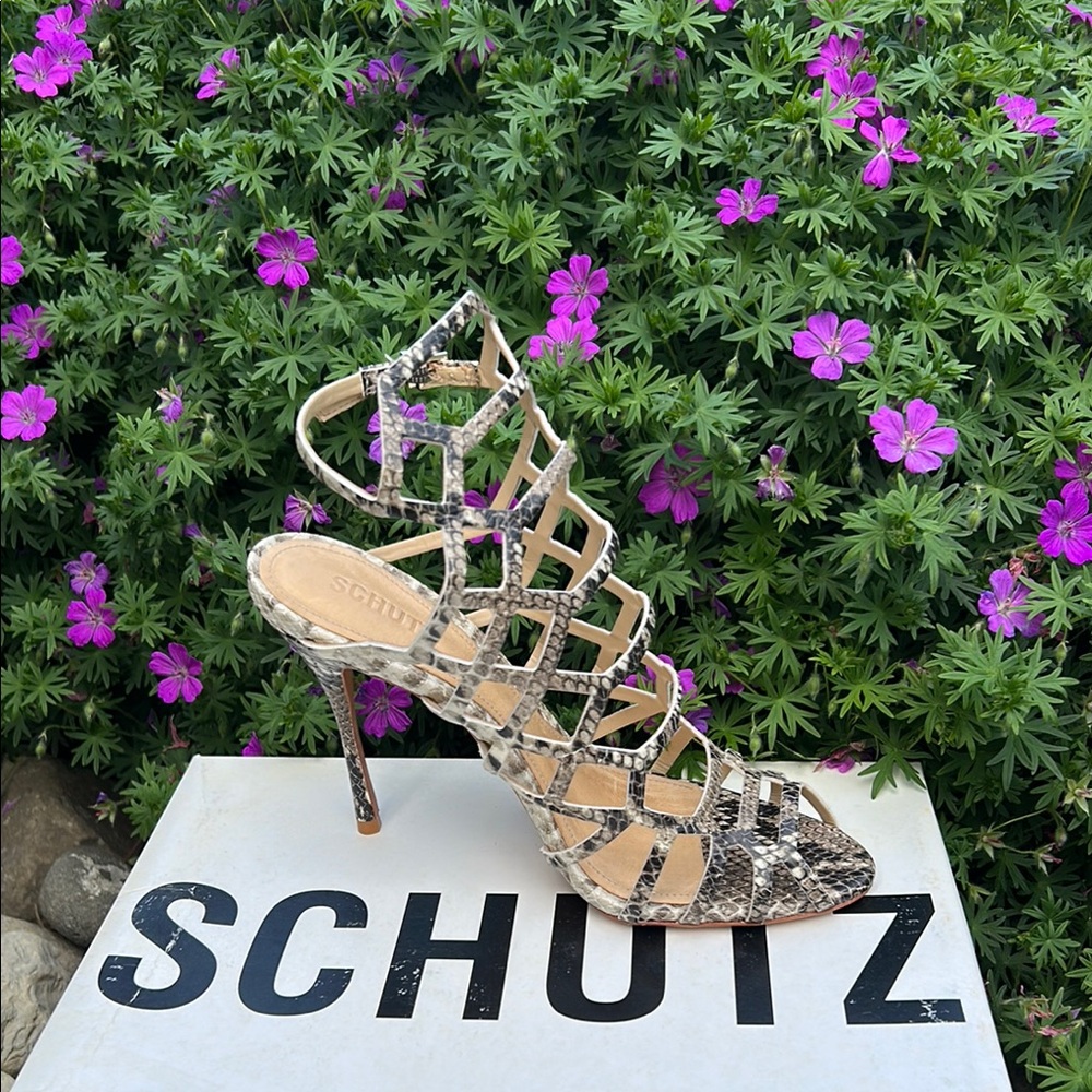 NIB Schutz Snakeskin Caged Ankle Strap Strappy Heels